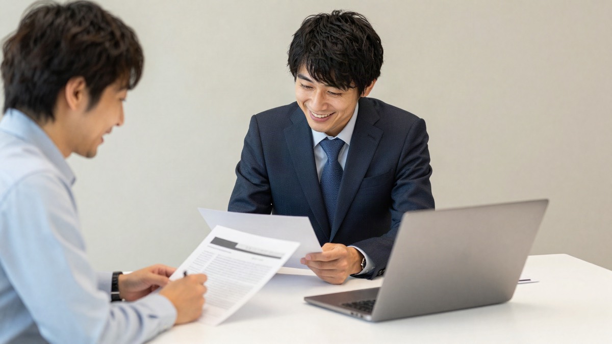 クライアントとの打ち合わせで成果を共有している様子