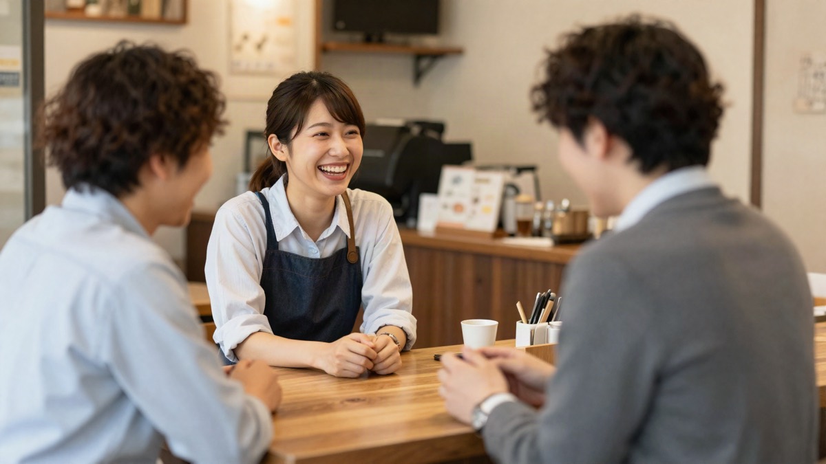 カウンター越しに常連客と話す店舗スタッフ