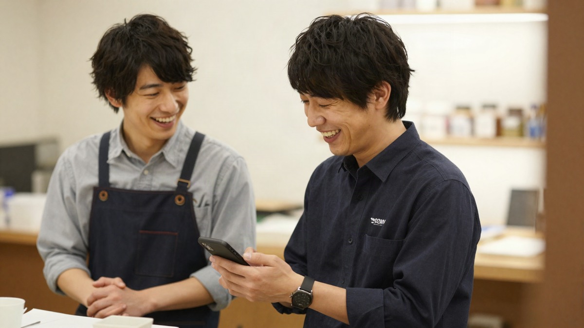 撮影の合間に笑い合うスタッフ