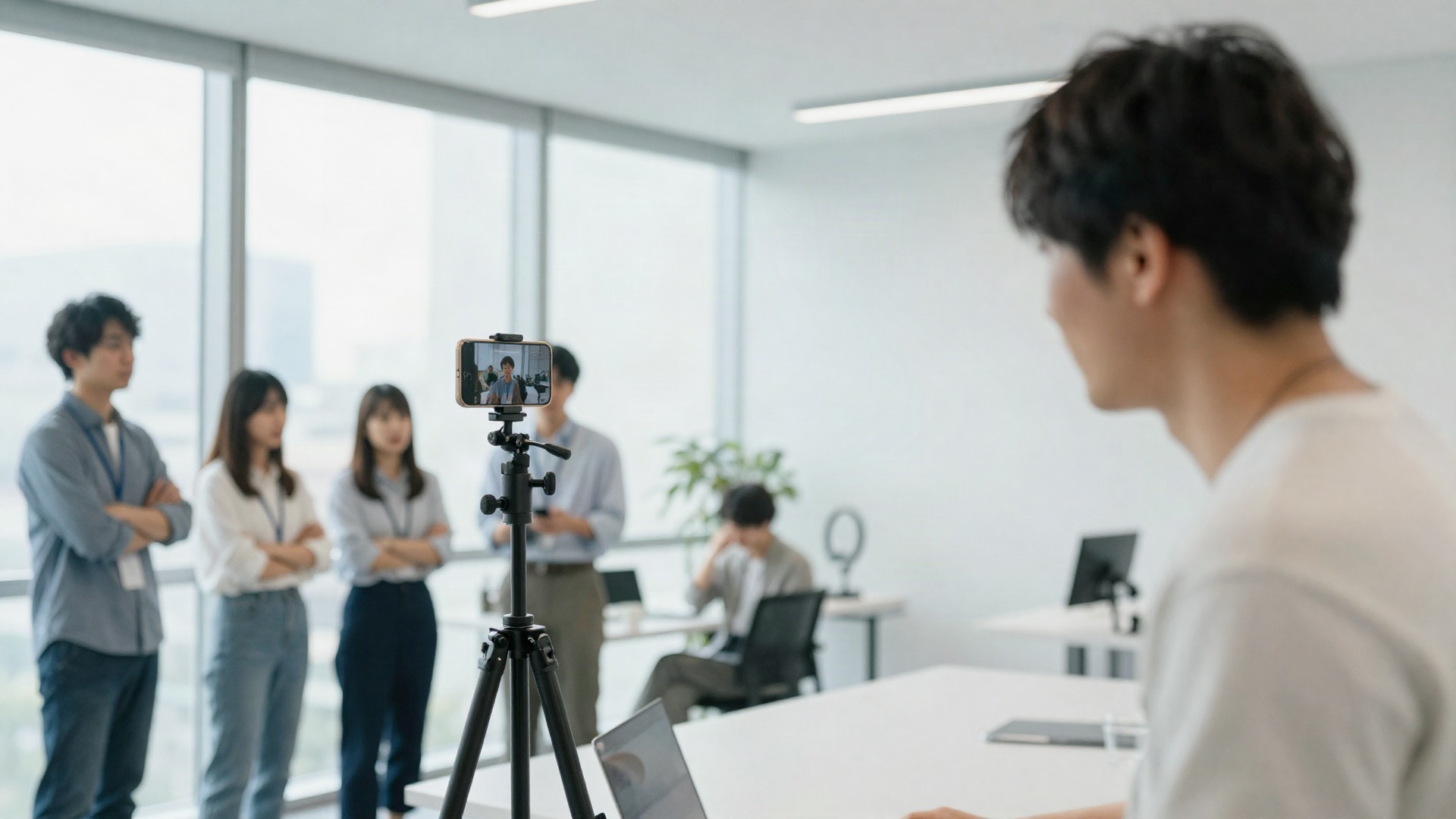 スマートフォンでショート動画を撮影する制作チーム